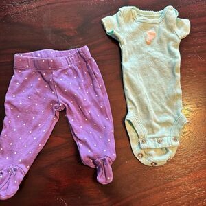 Carter’s baby girls preemie footie pants & body suit polka dot- purple/aqua